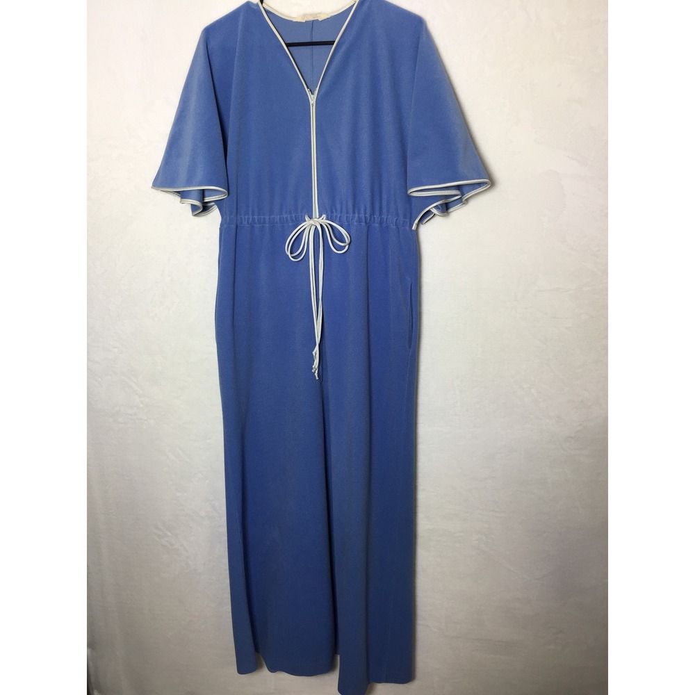 Vintage 70s Blue Womens‎ Robe Drawstring Waist Pockets Wing Sleeves Housecoat